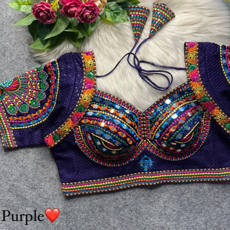 Purple Thread Work Silk Navratri Blouse with Sweetheart Neck