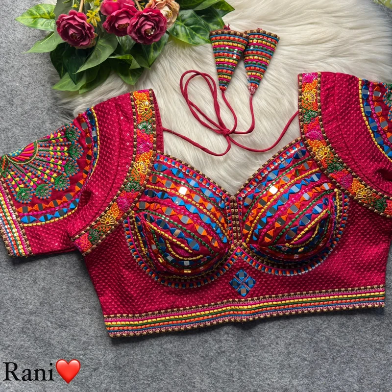 Rani Thread Work Silk Navratri Blouse with Sweetheart Neck
