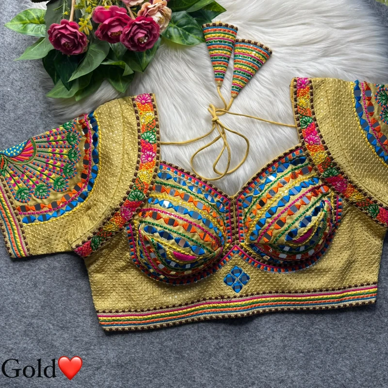 Gold Mirror & Thread Work Silk Navratri Blouse with Sweetheart Neck