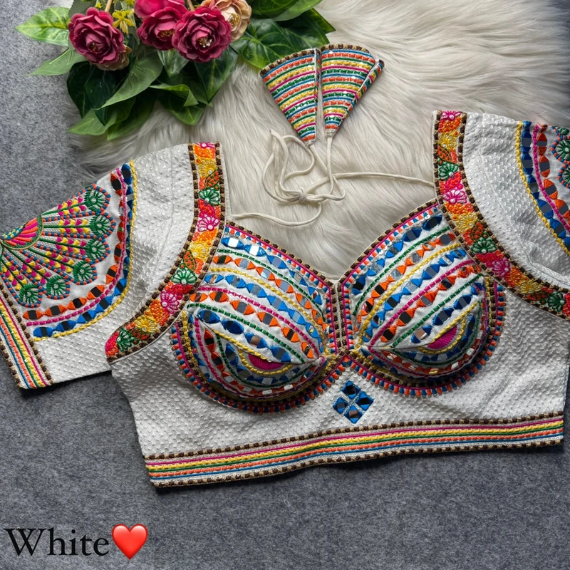 White Thread Work Silk Navratri Blouse with Sweetheart Neck