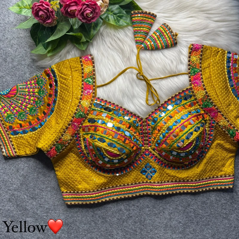 Yellow Thread Work Silk Navratri Blouse with Sweetheart Neck