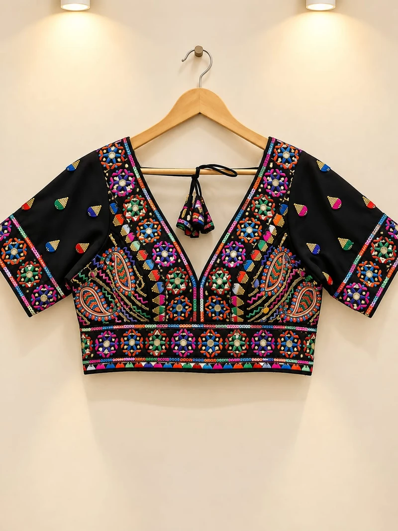 Black Multicolor Embroidered Navratri Blouse with V-Neck, Mirror & Tikali Work