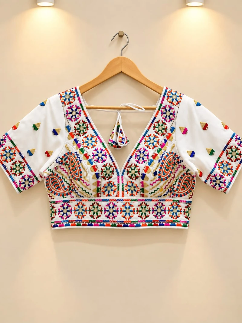 White Multicolor Embroidered Navratri Blouse with V-Neck, Mirror & Tikali Work