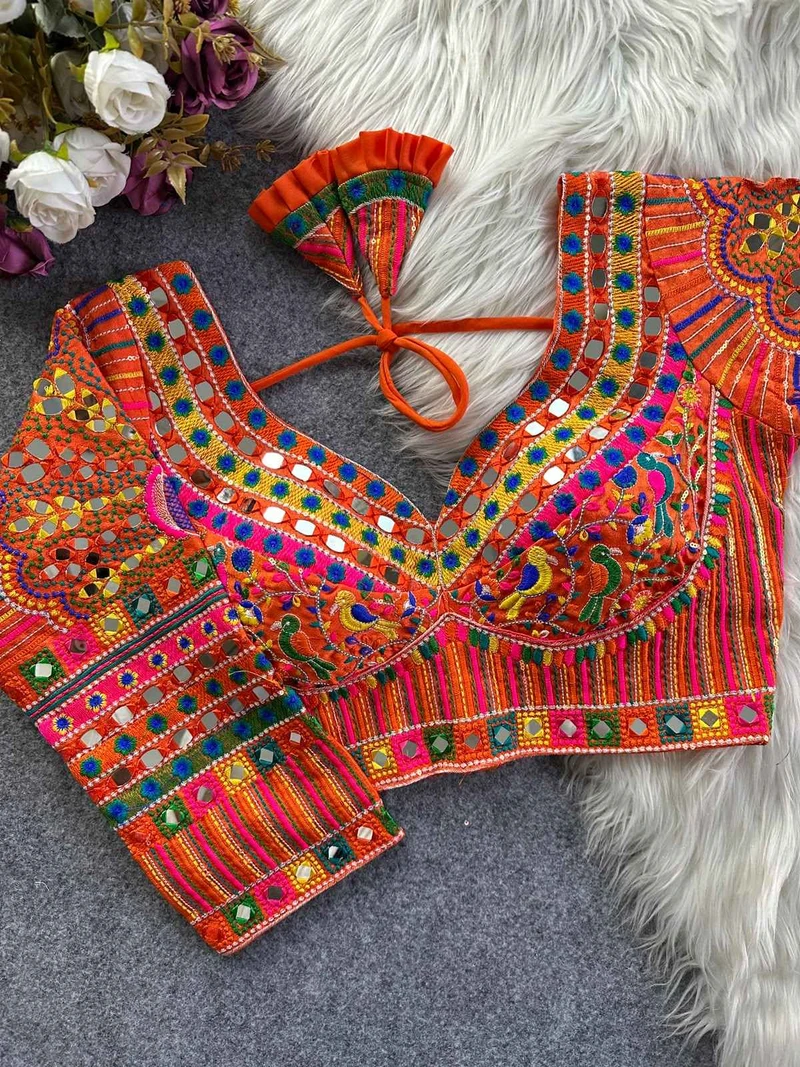 Rust Navratri Full Sleeve Silk Blouse with Mirror & Thread Work