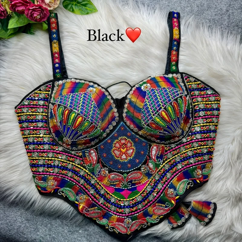 Black Navratri Special Multicolor Beads Handwork Embroidery Corset Blouse