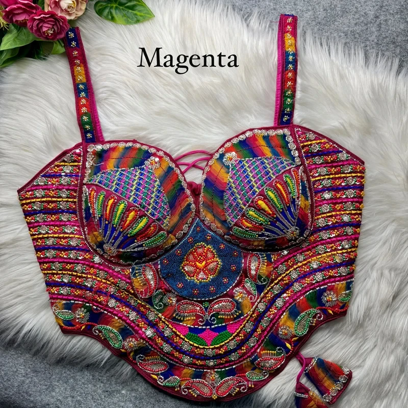 Magenta Navratri Special Multicolor Beads Handwork Embroidery Corset Blouse