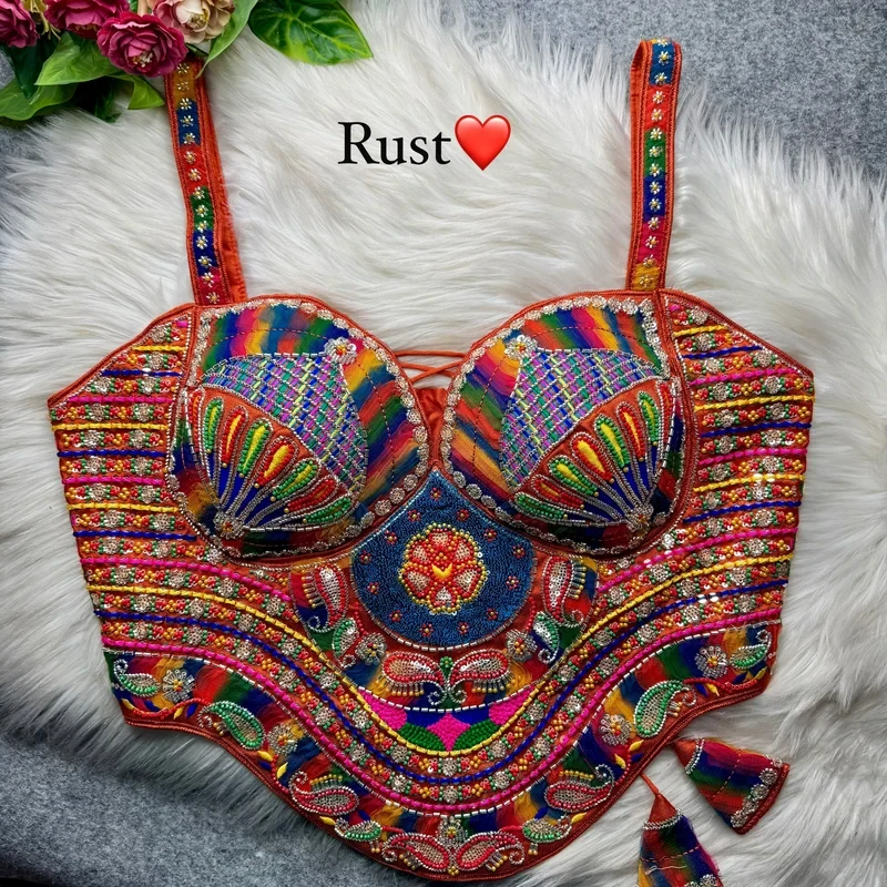 Rust Navratri Special Multicolor Beads Handwork Embroidery Corset Blouse