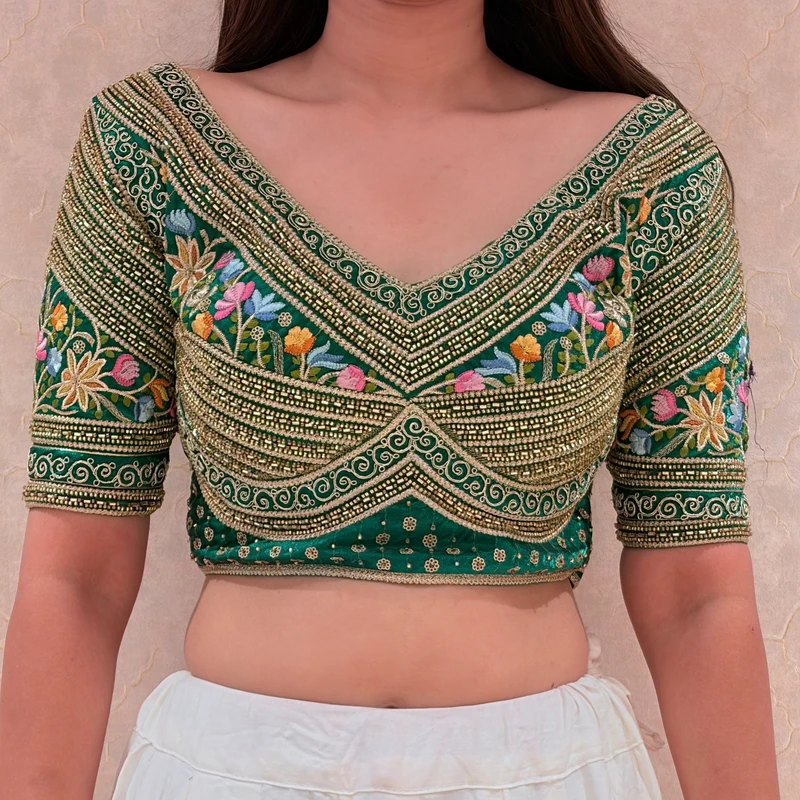 Green Sabyasachi Style Silk V-Neck Blouse with Beads & Multicolor Thread Work — view 2