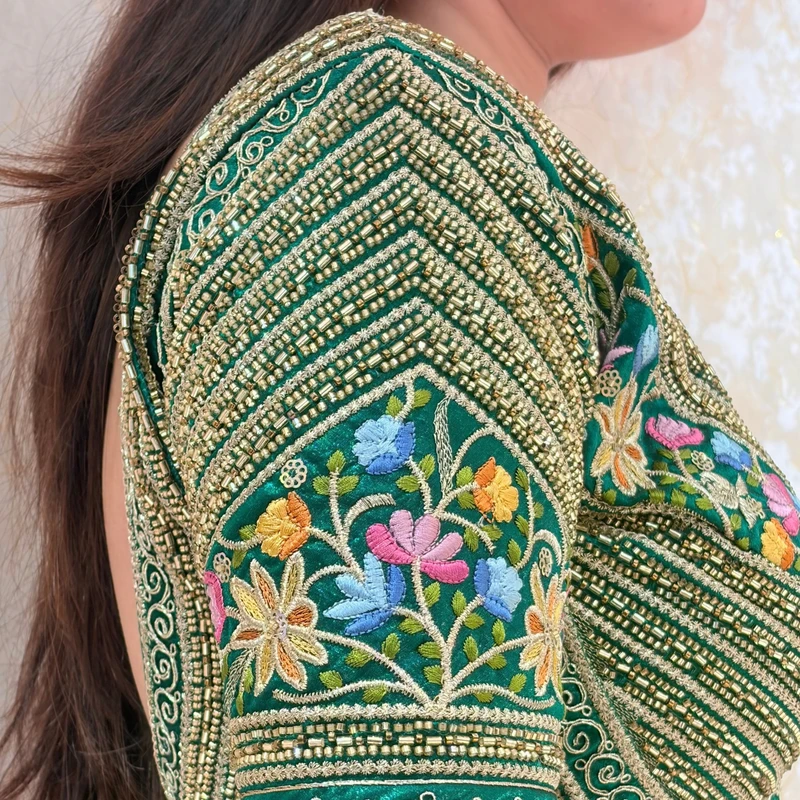Green Sabyasachi Style Silk V-Neck Blouse with Beads & Multicolor Thread Work — view 3