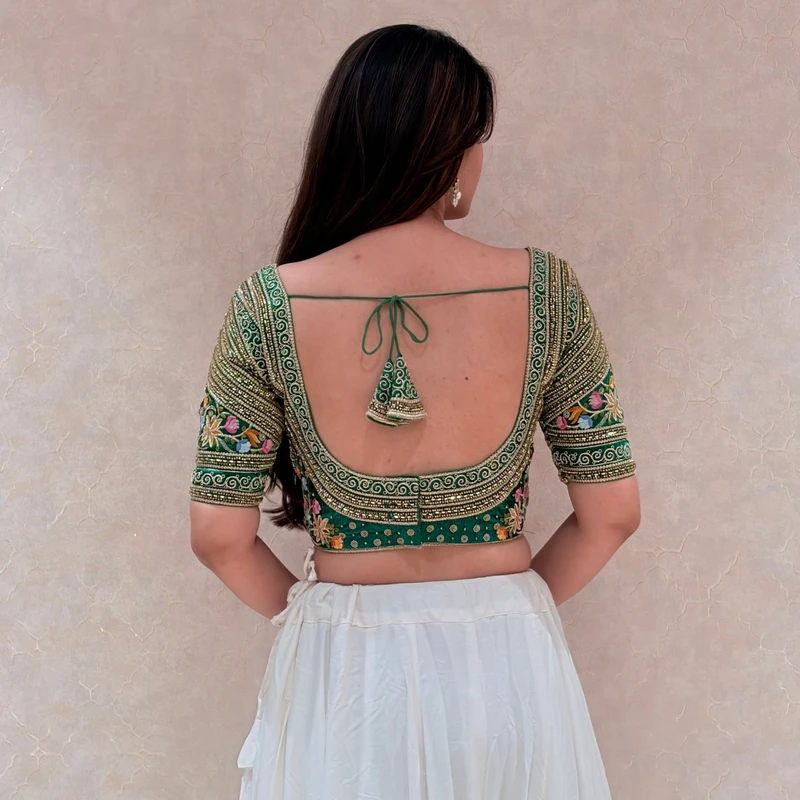 Green Sabyasachi Style Silk V-Neck Blouse with Beads & Multicolor Thread Work — view 4