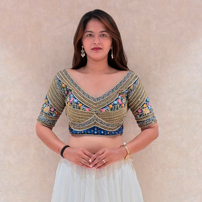 Rama Sabyasachi Style Silk V-Neck Blouse with Beads & Multicolor Thread Work