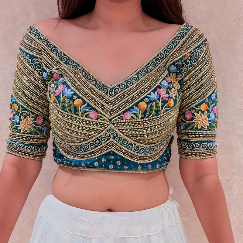 Rama Sabyasachi Style Silk V-Neck Blouse with Beads & Multicolor Thread Work — view 2