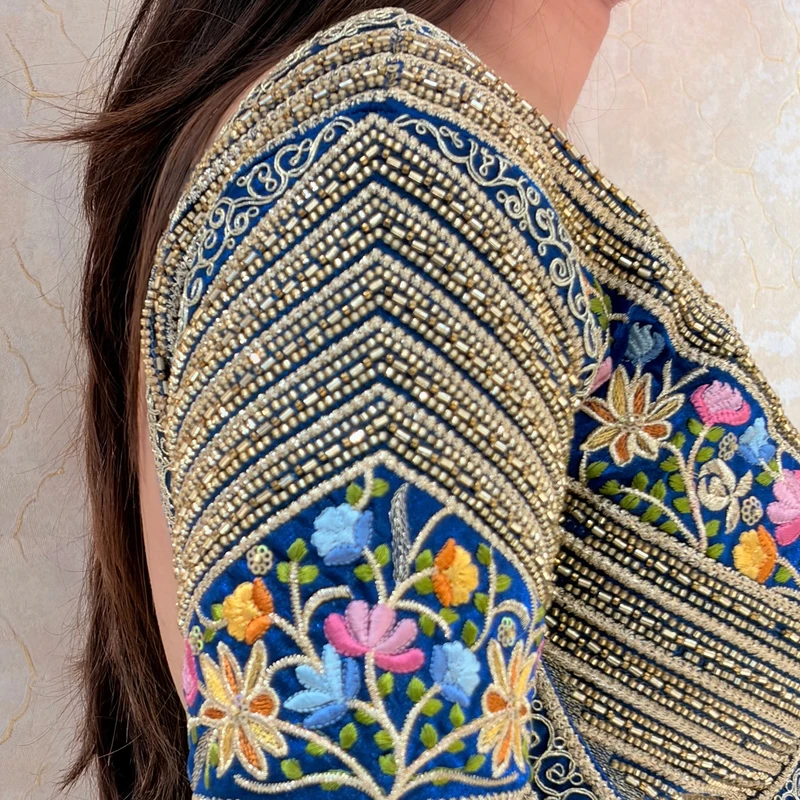 Rama Sabyasachi Style Silk V-Neck Blouse with Beads & Multicolor Thread Work — view 3