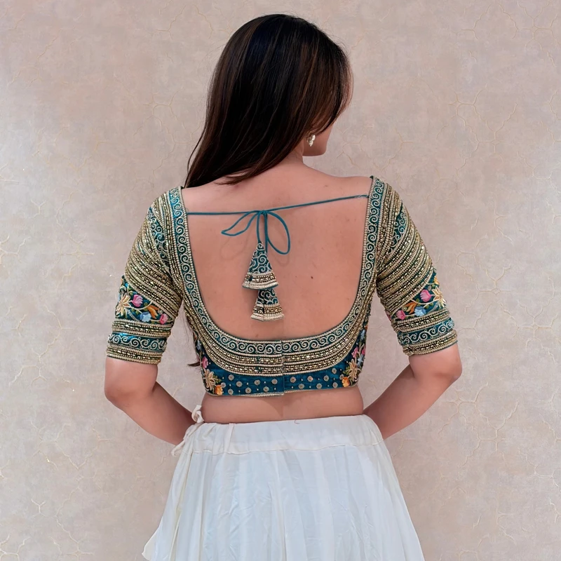 Rama Sabyasachi Style Silk V-Neck Blouse with Beads & Multicolor Thread Work — view 4