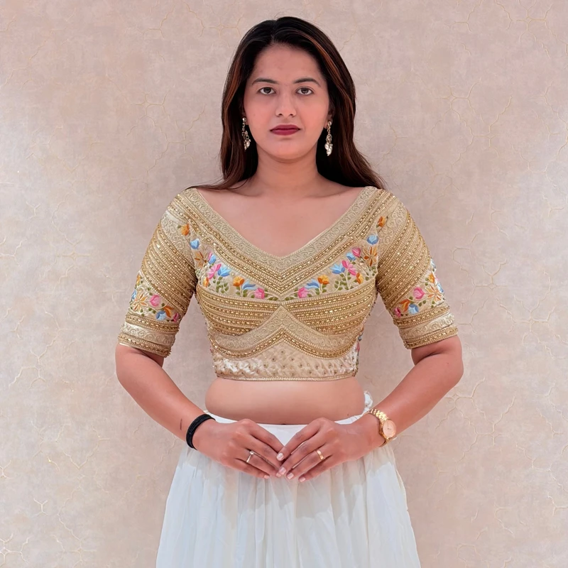 Gold Sabyasachi Style Silk V-Neck Blouse with Beads & Multicolor Thread Work