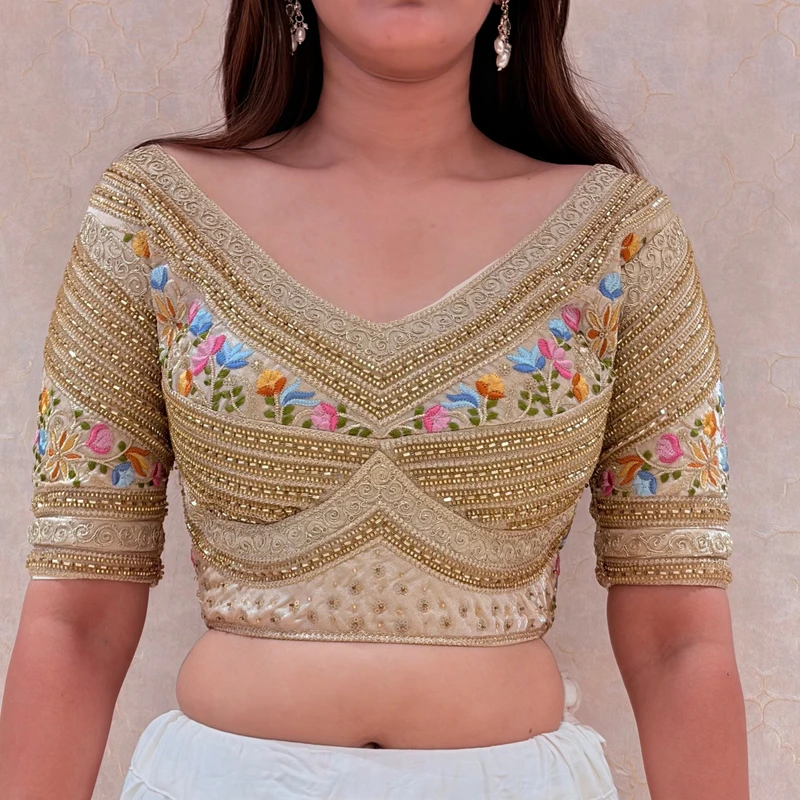 Gold Sabyasachi Style Silk V-Neck Blouse with Beads & Multicolor Thread Work — view 2