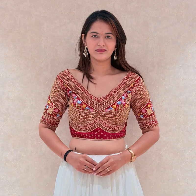 Red Sabyasachi Style Silk V-Neck Blouse with Beads & Multicolor Thread Work