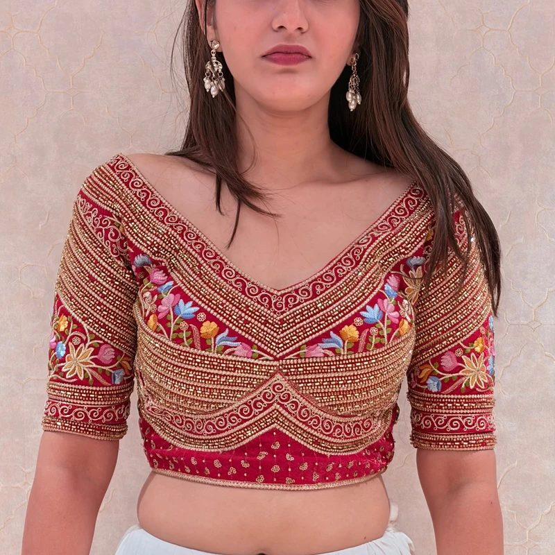 Red Sabyasachi Style Silk V-Neck Blouse with Beads & Multicolor Thread Work — view 2