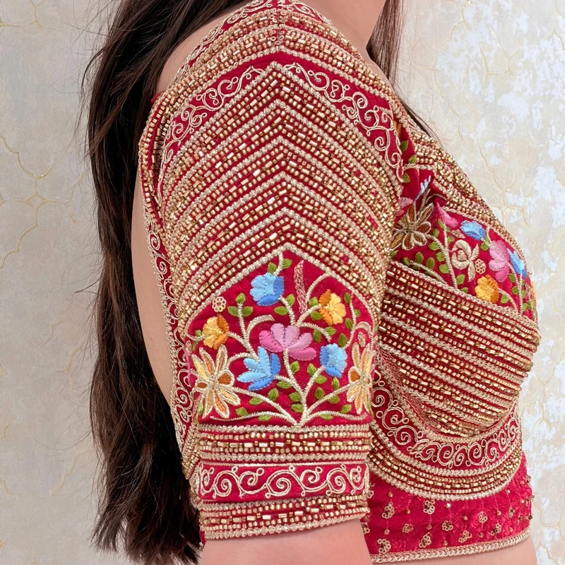 Red Sabyasachi Style Silk V-Neck Blouse with Beads & Multicolor Thread Work — view 3