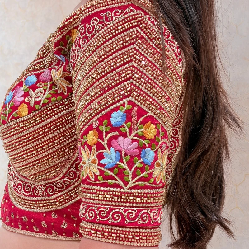 Red Sabyasachi Style Silk V-Neck Blouse with Beads & Multicolor Thread Work — view 4