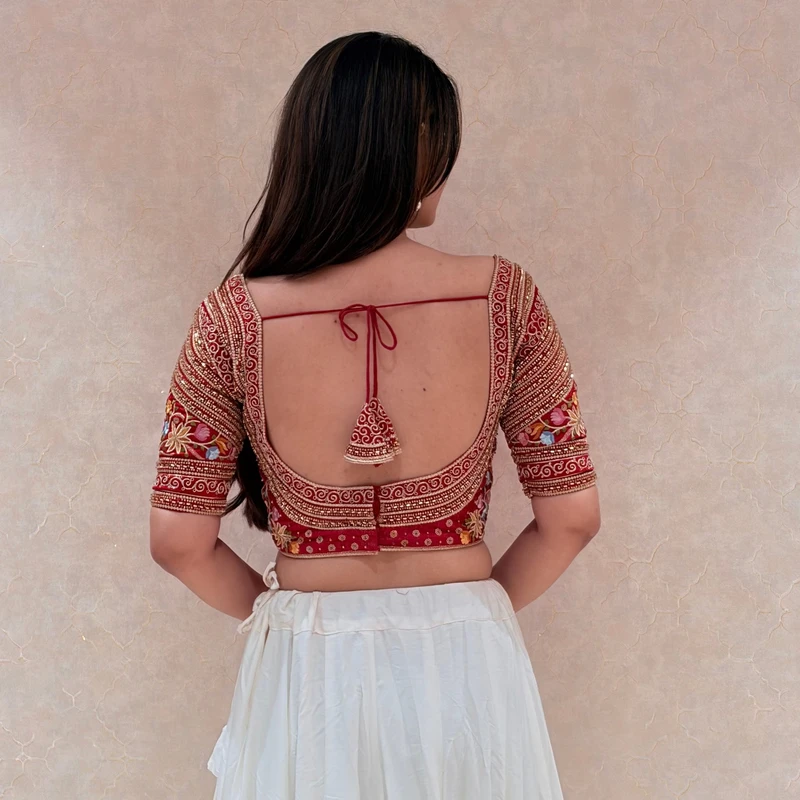 Red Sabyasachi Style Silk V-Neck Blouse with Beads & Multicolor Thread Work — view 5