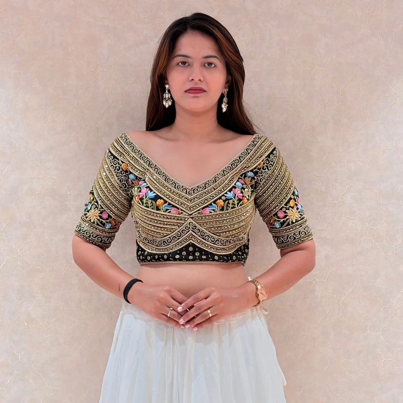 Black Sabyasachi Style Silk V-Neck Blouse with Beads & Multicolor Thread Work