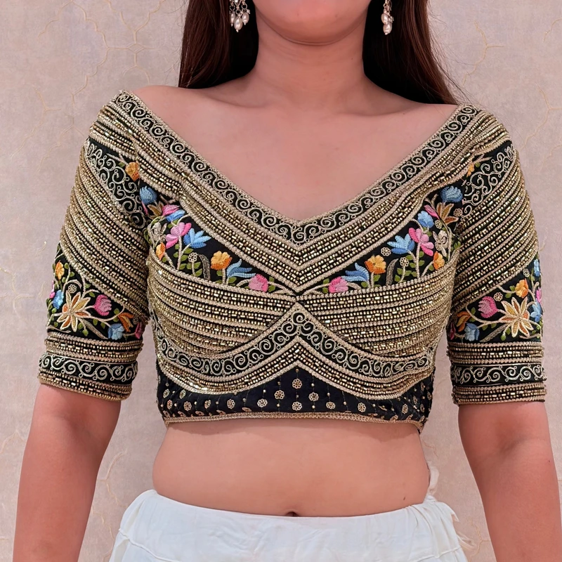 Black Sabyasachi Style Silk V-Neck Blouse with Beads & Multicolor Thread Work — view 2