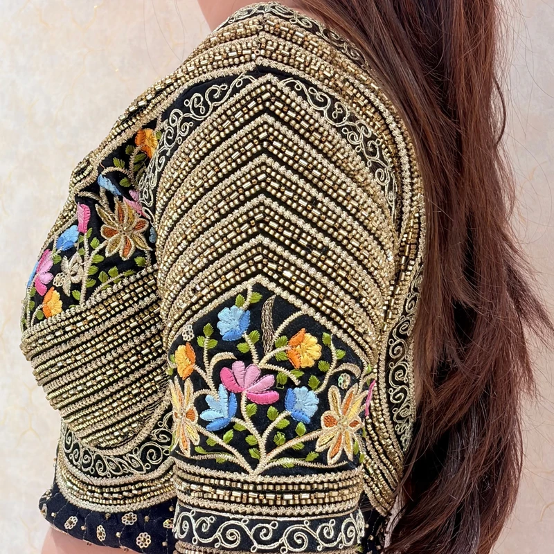 Black Sabyasachi Style Silk V-Neck Blouse with Beads & Multicolor Thread Work — view 3