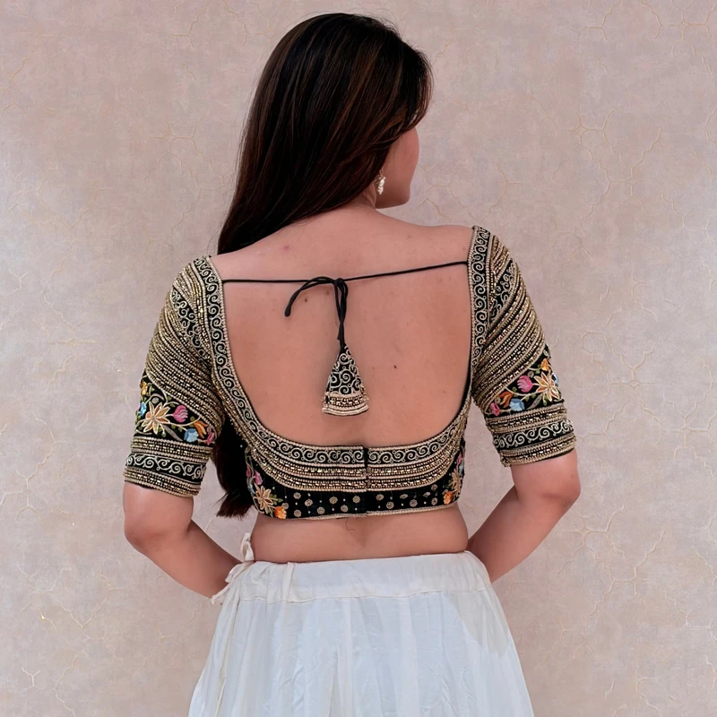Black Sabyasachi Style Silk V-Neck Blouse with Beads & Multicolor Thread Work — view 4