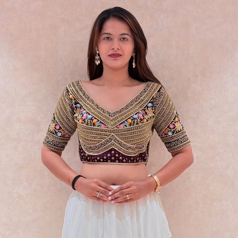 Wine Sabyasachi Style Silk V-Neck Blouse with Beads & Multicolor Thread Work