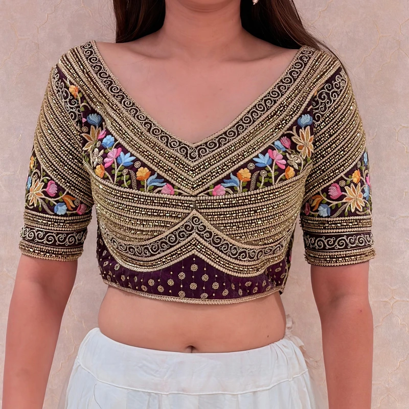 Wine Sabyasachi Style Silk V-Neck Blouse with Beads & Multicolor Thread Work — view 2