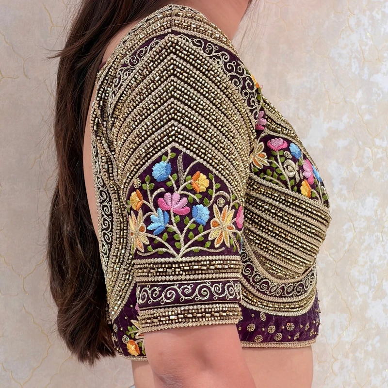 Wine Sabyasachi Style Silk V-Neck Blouse with Beads & Multicolor Thread Work — view 3