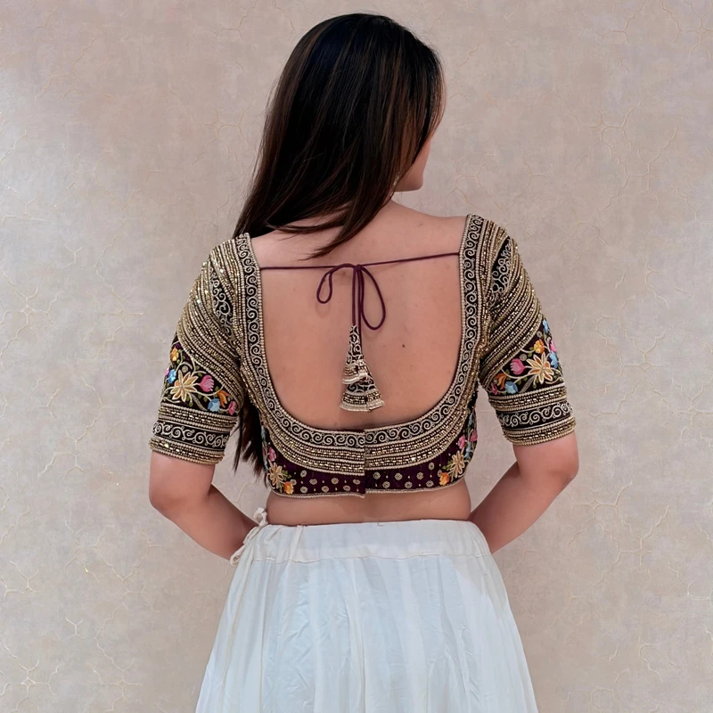 Wine Sabyasachi Style Silk V-Neck Blouse with Beads & Multicolor Thread Work — view 4