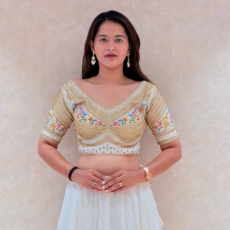 White Sabyasachi Style Silk V-Neck Blouse with Beads & Multicolor Thread Work
