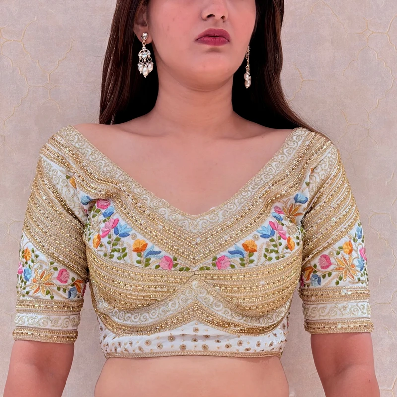 White Sabyasachi Style Silk V-Neck Blouse with Beads & Multicolor Thread Work — view 2
