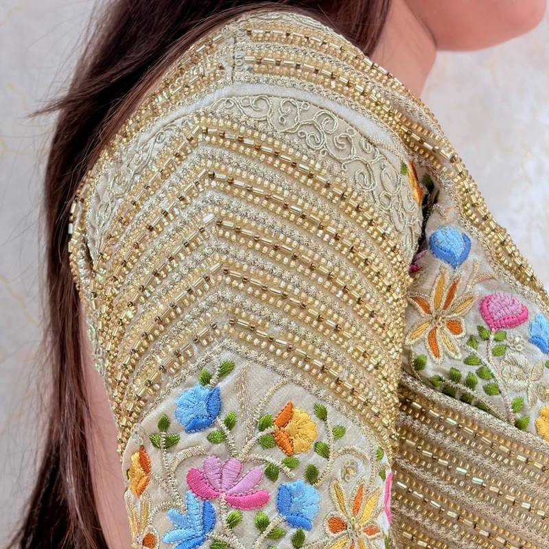 White Sabyasachi Style Silk V-Neck Blouse with Beads & Multicolor Thread Work — view 3