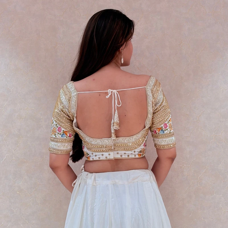 White Sabyasachi Style Silk V-Neck Blouse with Beads & Multicolor Thread Work — view 4