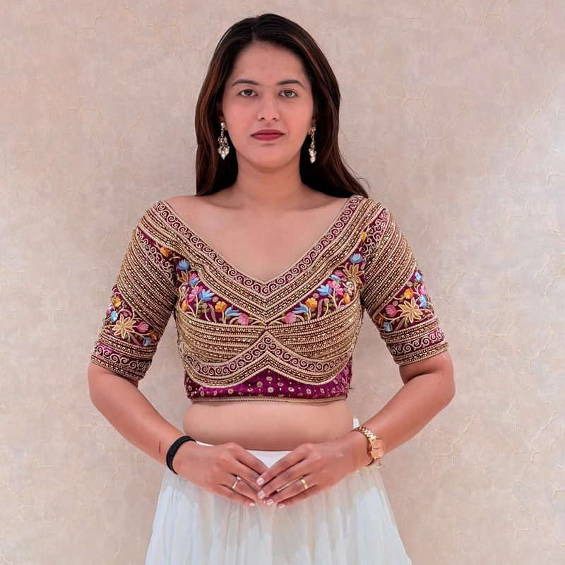 Maroon Sabyasachi Style Silk V-Neck Blouse with Beads & Multicolor Thread Work