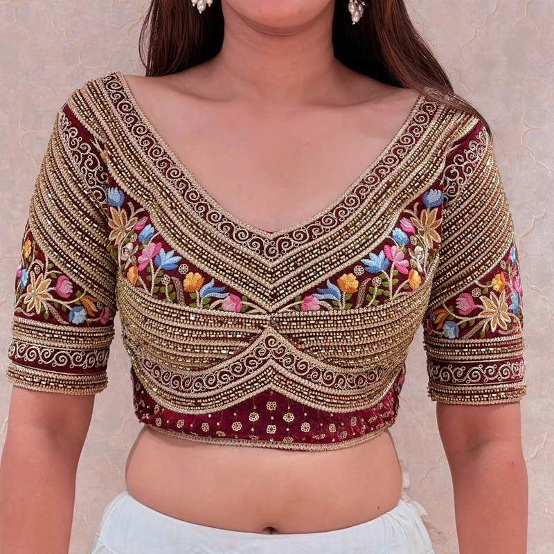 Maroon Sabyasachi Style Silk V-Neck Blouse with Beads & Multicolor Thread Work — view 2