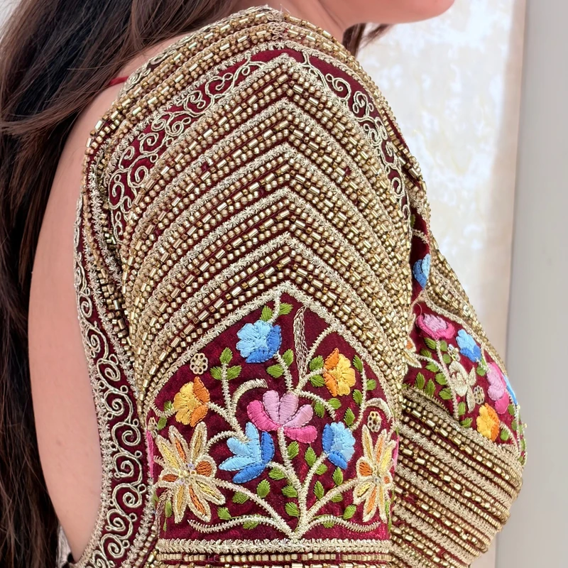 Maroon Sabyasachi Style Silk V-Neck Blouse with Beads & Multicolor Thread Work — view 3