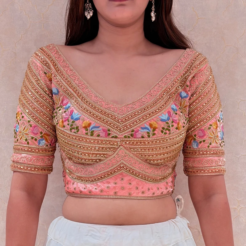 Pink Sabyasachi Style Silk V-Neck Blouse with Beads & Multicolor Thread Work — view 2