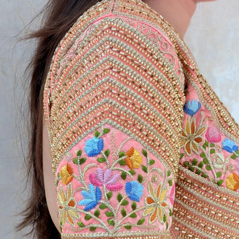 Pink Sabyasachi Style Silk V-Neck Blouse with Beads & Multicolor Thread Work — view 3