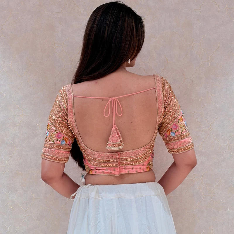 Pink Sabyasachi Style Silk V-Neck Blouse with Beads & Multicolor Thread Work — view 4
