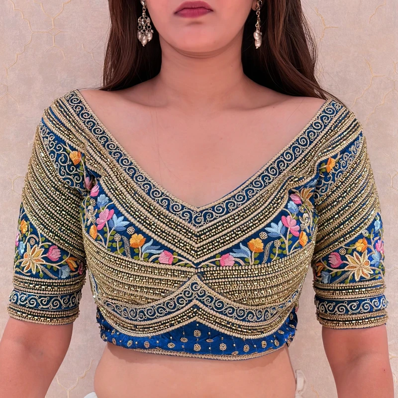 Blue Sabyasachi Style Silk V-Neck Blouse with Beads & Multicolor Thread Work — view 2