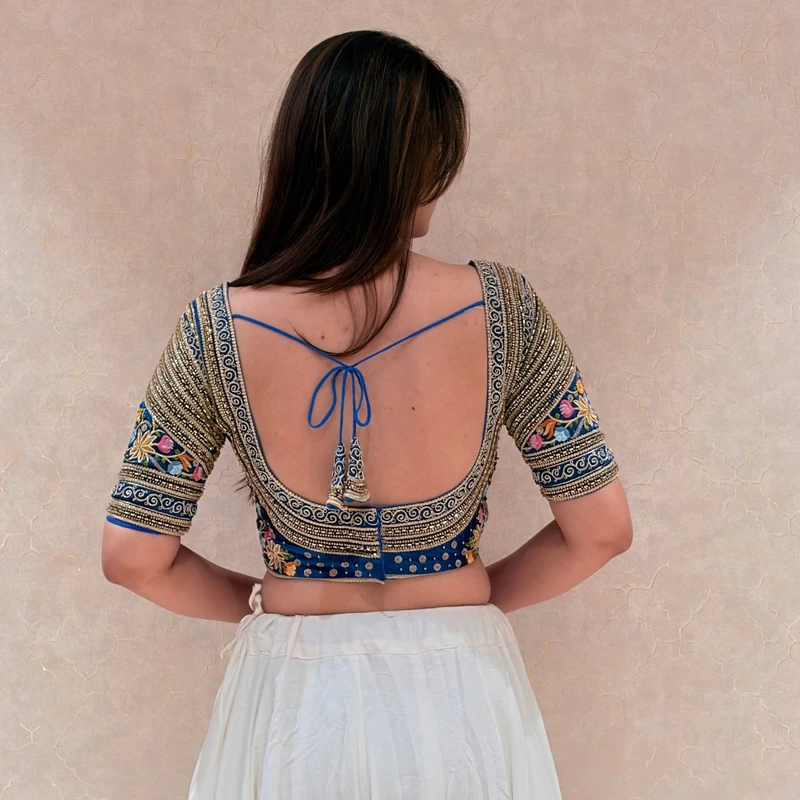 Blue Sabyasachi Style Silk V-Neck Blouse with Beads & Multicolor Thread Work — view 3