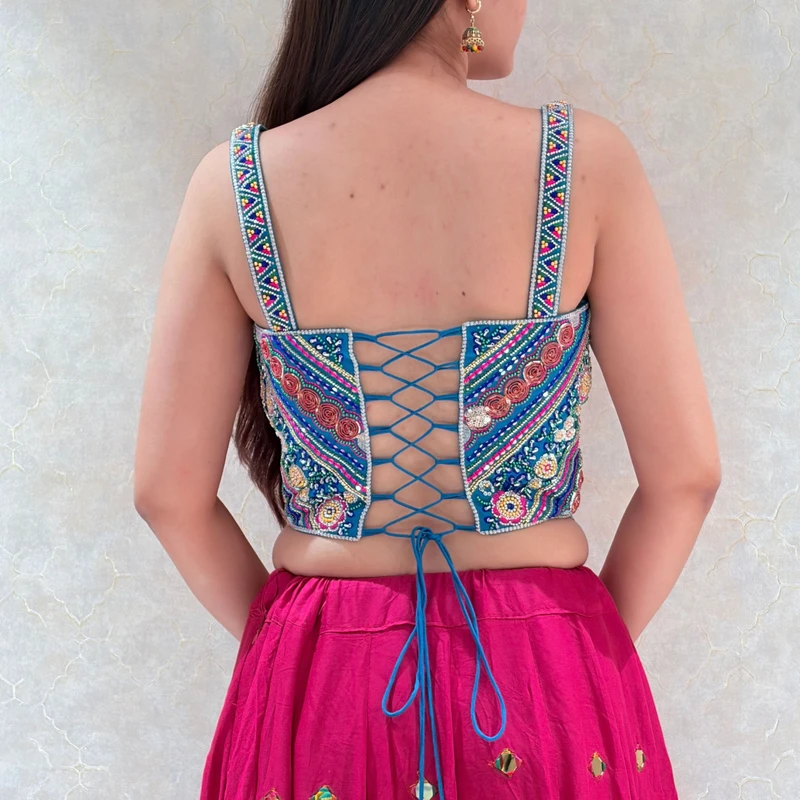 Rama Multicolor Embroidered Corset Navratri Blouse with Beads & Sweetheart Neck — view 2