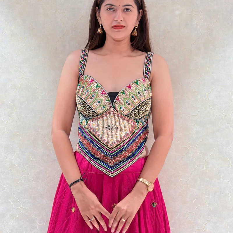 Black Multicolor Embroidered Corset Navratri Blouse with Beads & Sweetheart Neck