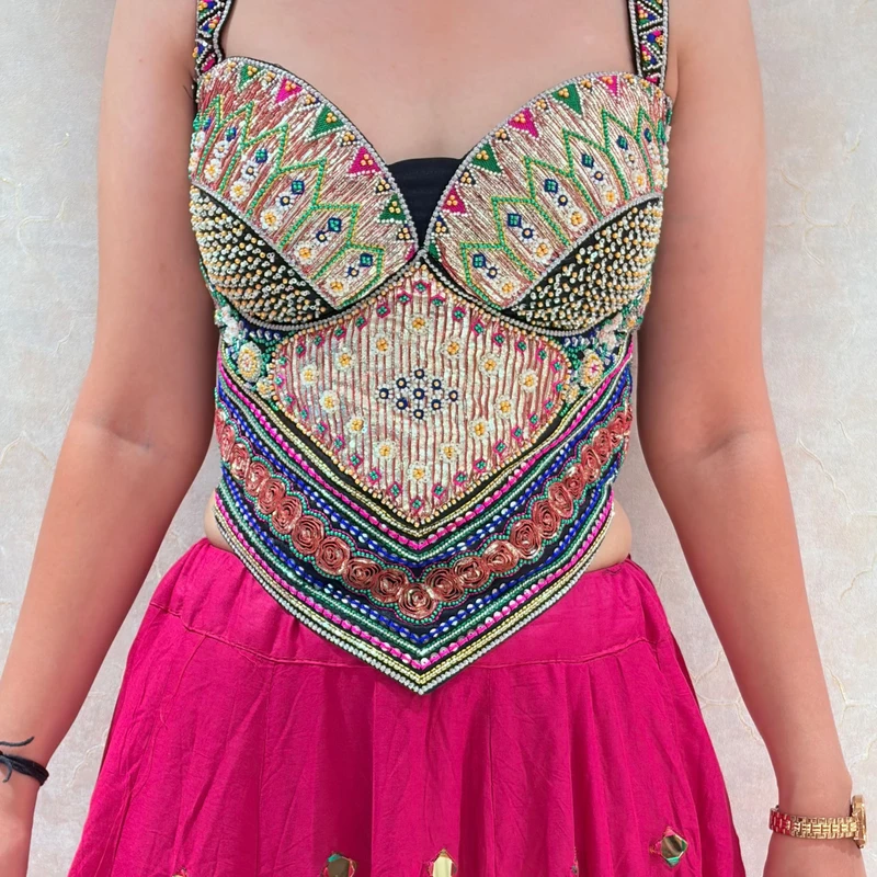 Black Multicolor Embroidered Corset Navratri Blouse with Beads & Sweetheart Neck — view 2