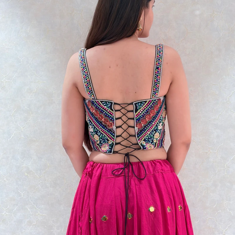 Black Multicolor Embroidered Corset Navratri Blouse with Beads & Sweetheart Neck — view 3