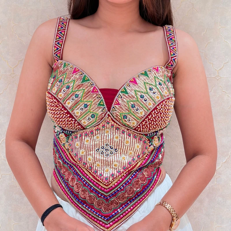 Red Multicolor Embroidered Corset Navratri Blouse with Beads & Sweetheart Neck